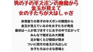 【新着同人誌】体育の授業で体育座りしてる男の子の半ズボンの隙間から金玉が見えて女の子たち…のトップ画像